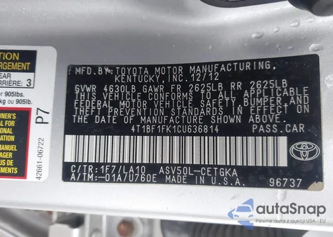 2012 Toyota Camry Xle from USA, damaged, VIN 4T1BF1FK1CU636814